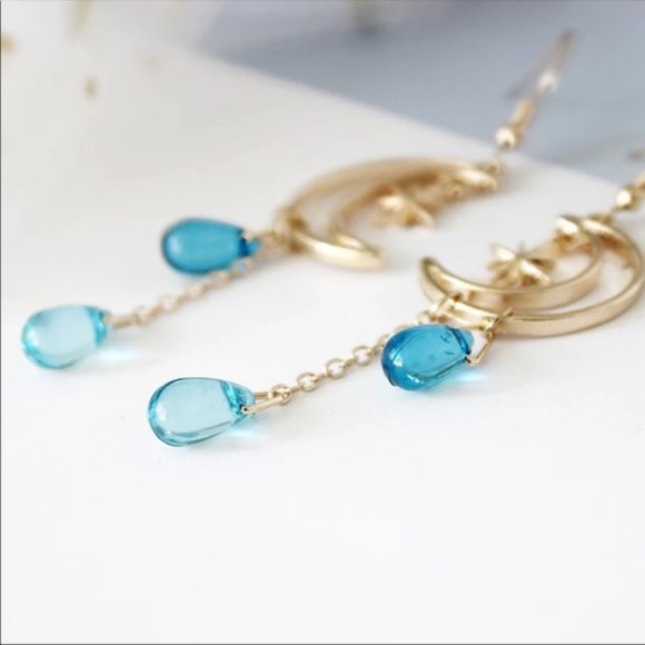 3/$30 GOLD MOON STARS BLUE WATER DROPS EARRINGS - Picture 5 of 8